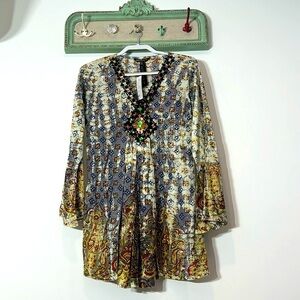 KC CHAUDRY COTTON HAND DYED BOHEMIAN JEWEL PAISLEY PRINT MINI DRESS SMALL Sample